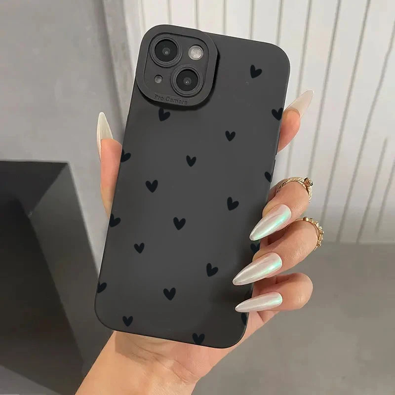 Black Love Heart Phone Case For iPhone 16 14 15 13 12 11  15 16 Plus Shockproof Silicone Soft Cover