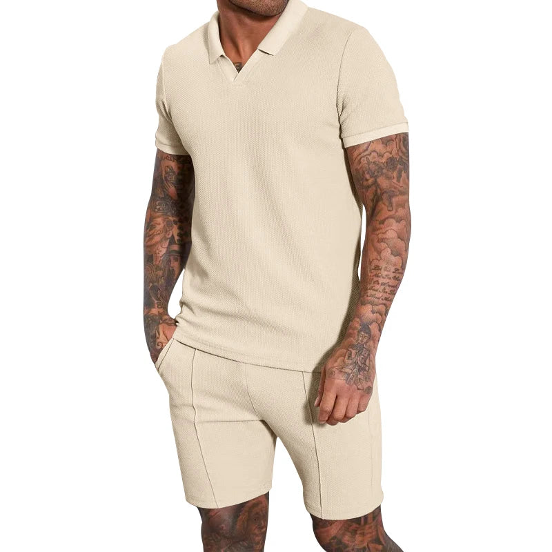 V-neck Short sleeved Shorts Two piece Set with Polo for Men