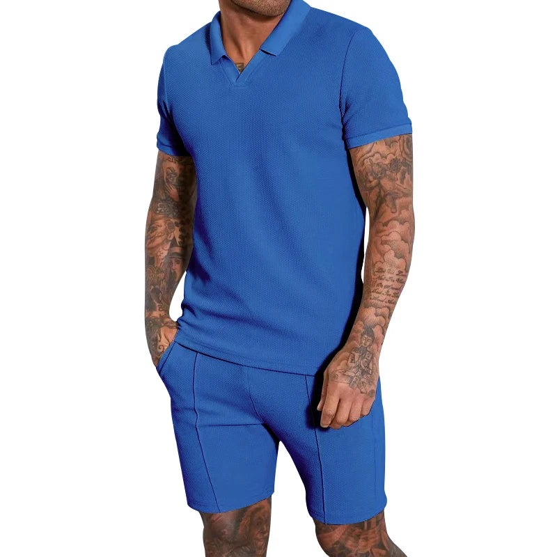 V-neck Short sleeved Shorts Two piece Set with Polo for Men