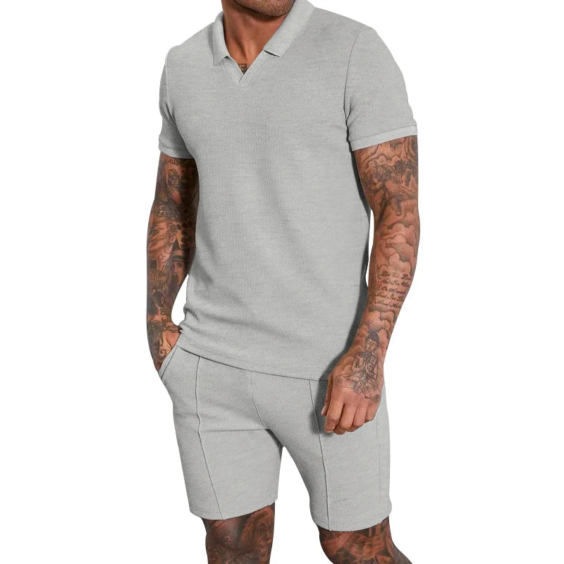 V-neck Short sleeved Shorts Two piece Set with Polo for Men