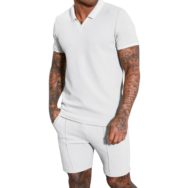 V-neck Short sleeved Shorts Two piece Set with Polo for Men