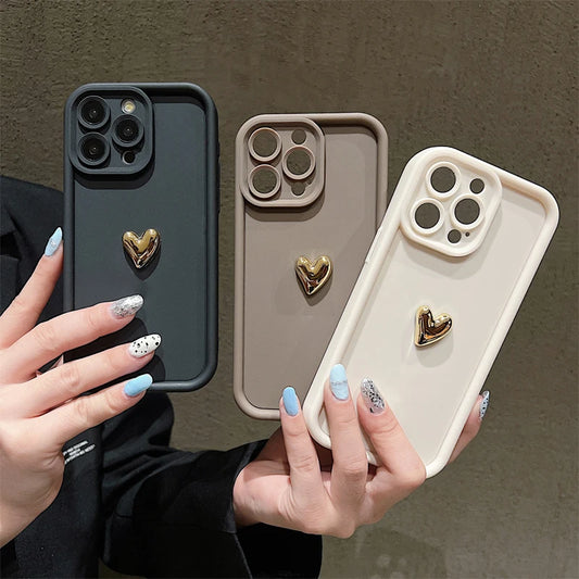 3D Gold Heart Silicone Soft Phone Case For iPhone 15 14 13 12 11 16 Pro Max Shockproof Candy Matte Cover