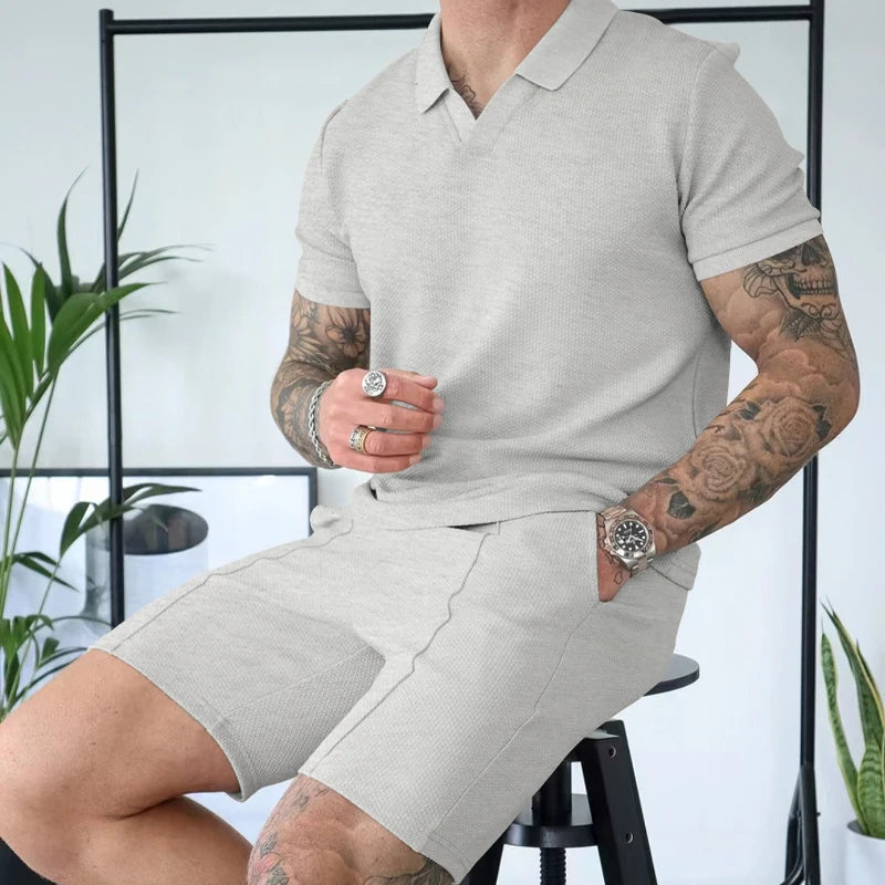 V-neck Short sleeved Shorts Two piece Set with Polo for Men