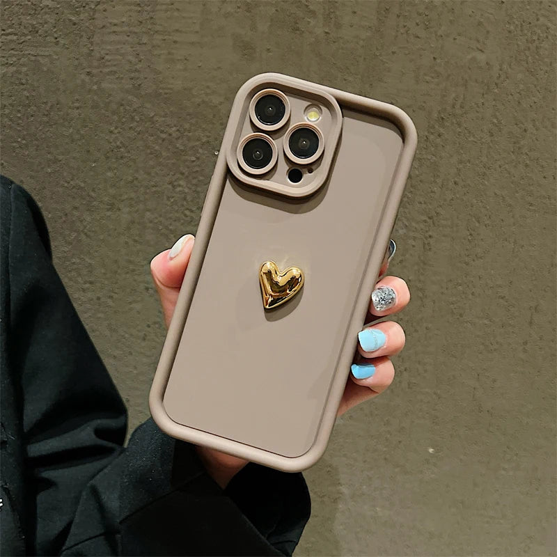 3D Gold Heart Silicone Soft Phone Case For iPhone 15 14 13 12 11 16 Pro Max Shockproof Candy Matte Cover