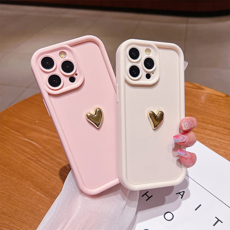 3D Gold Heart Silicone Soft Phone Case For iPhone 15 14 13 12 11 16 Pro Max Shockproof Candy Matte Cover