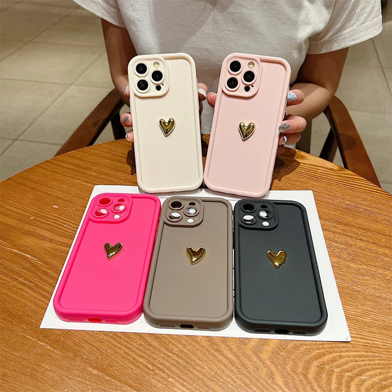 3D Gold Heart Silicone Soft Phone Case For iPhone 15 14 13 12 11 16 Pro Max Shockproof Candy Matte Cover