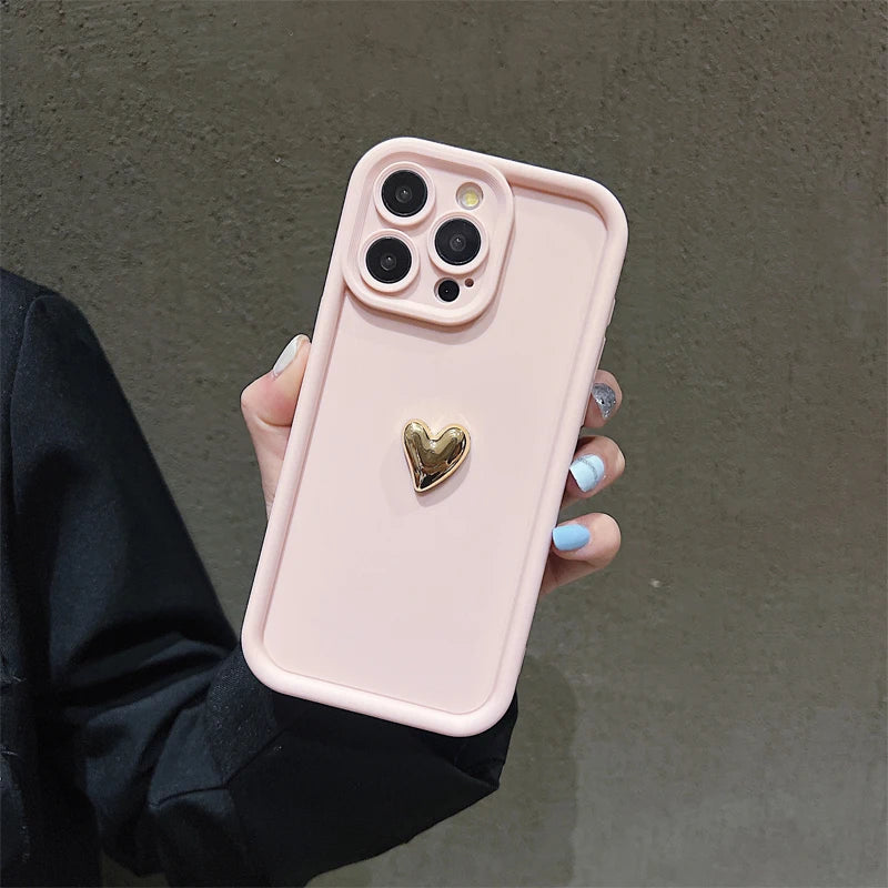 3D Gold Heart Silicone Soft Phone Case For iPhone 15 14 13 12 11 16 Pro Max Shockproof Candy Matte Cover