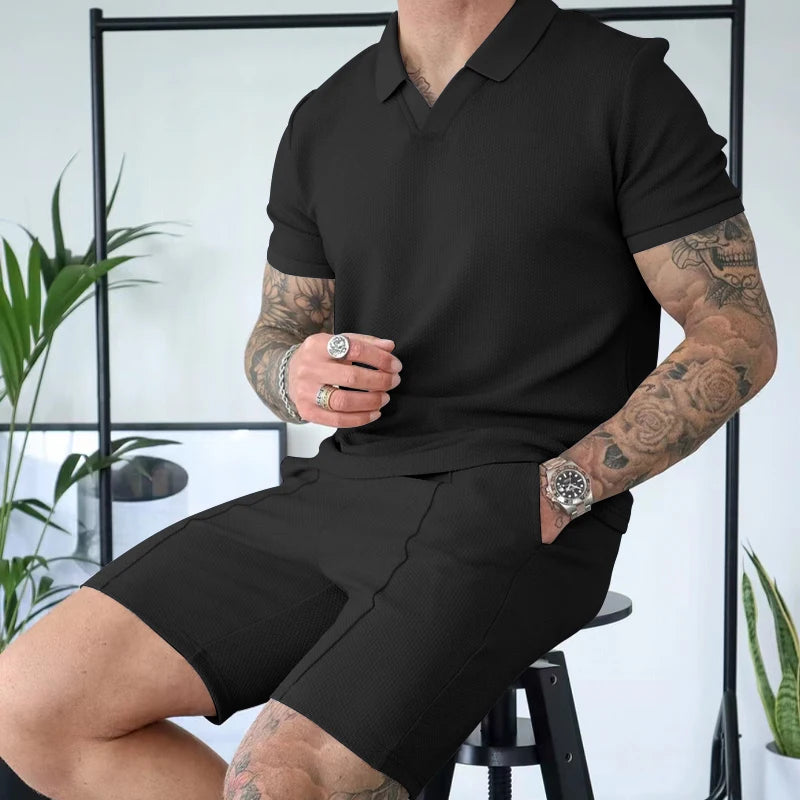 V-neck Short sleeved Shorts Two piece Set with Polo for Men