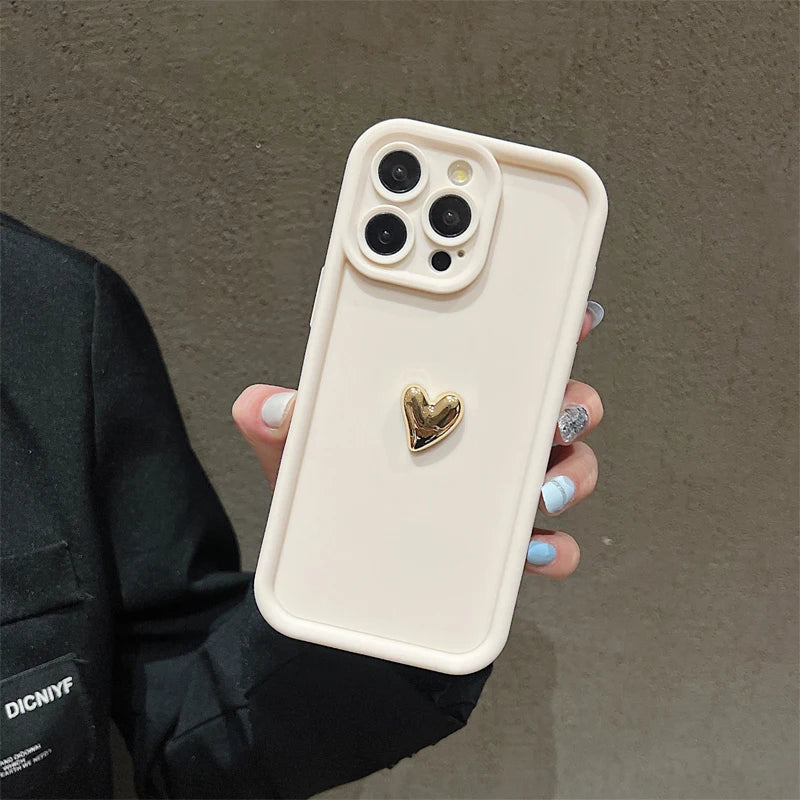 3D Gold Heart Silicone Soft Phone Case For iPhone 15 14 13 12 11 16 Pro Max Shockproof Candy Matte Cover