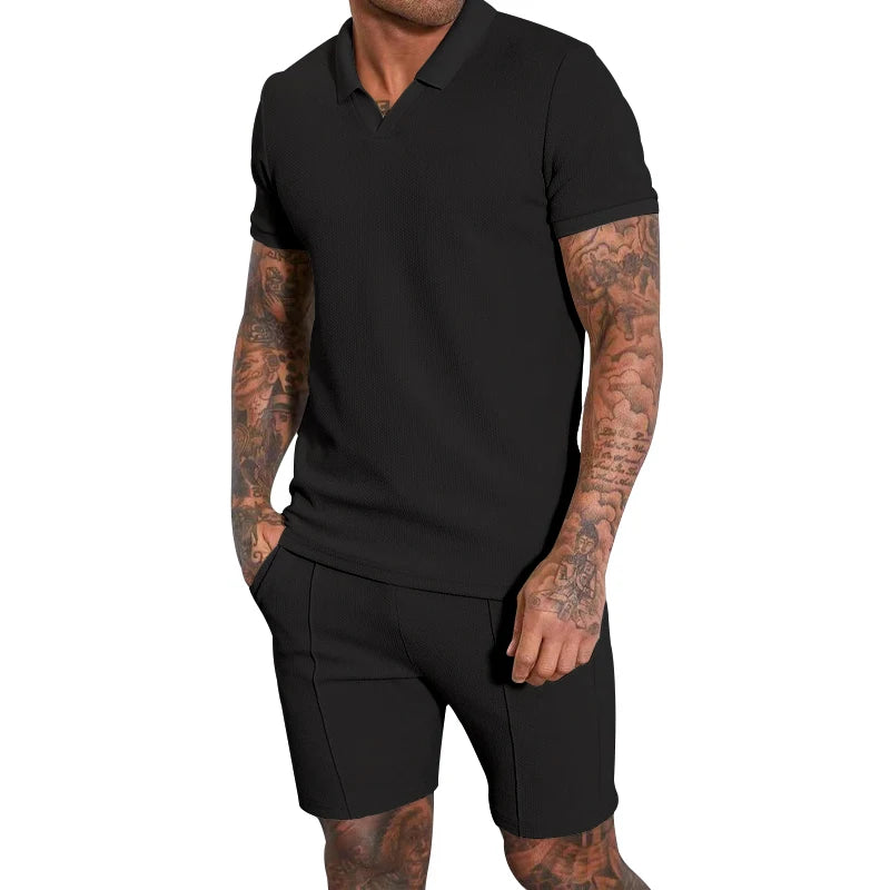 V-neck Short sleeved Shorts Two piece Set with Polo for Men