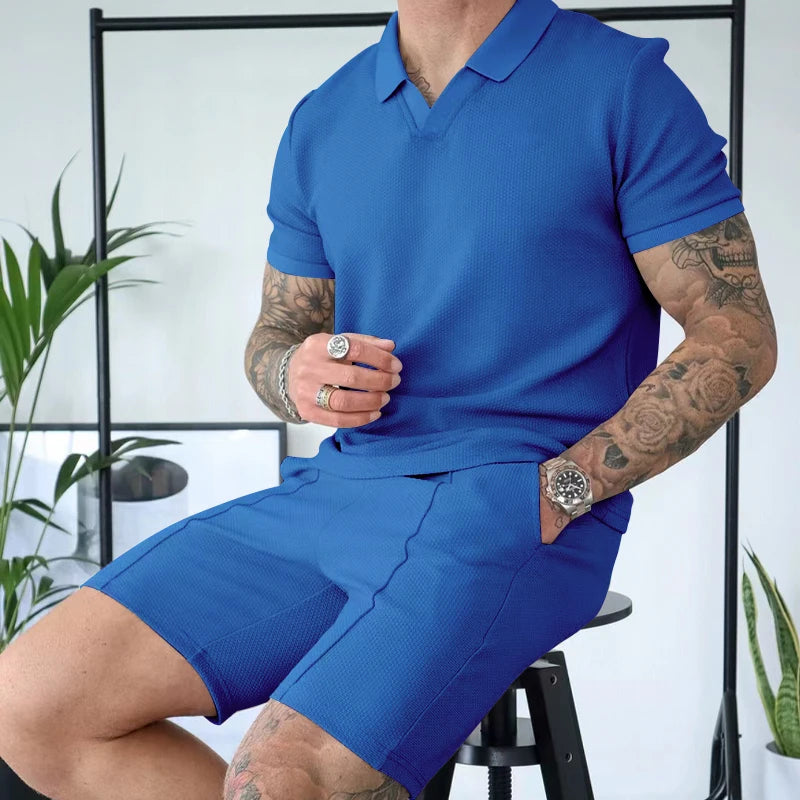 V-neck Short sleeved Shorts Two piece Set with Polo for Men