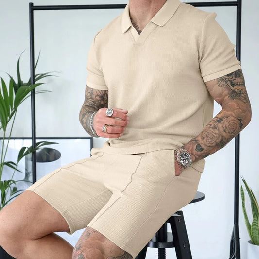 V-neck Short sleeved Shorts Two piece Set with Polo for Men