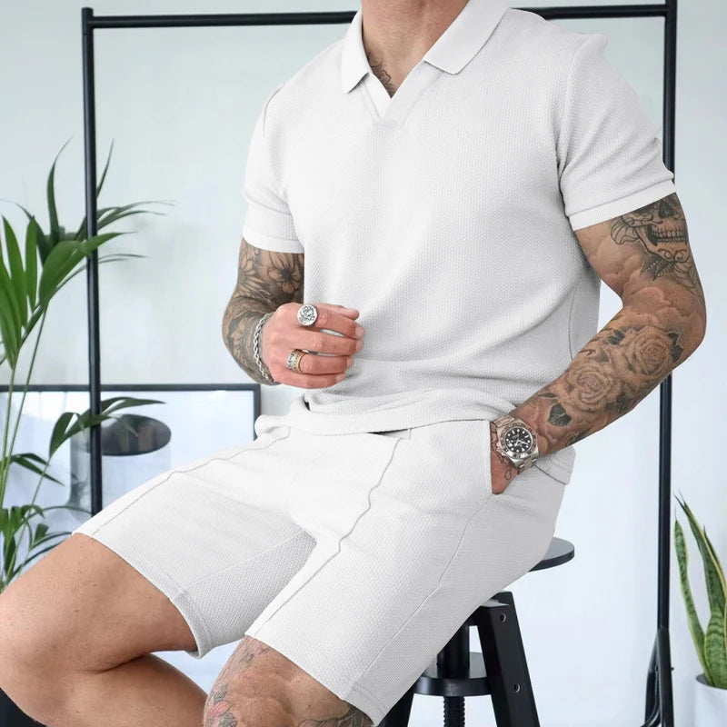 V-neck Short sleeved Shorts Two piece Set with Polo for Men