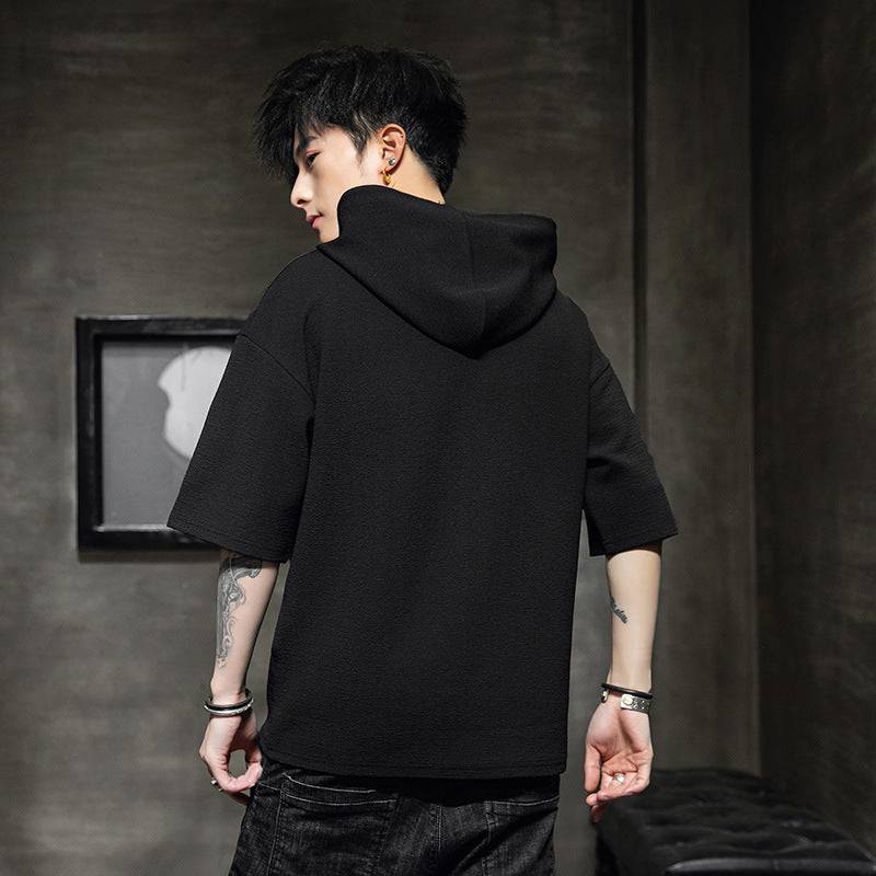 Hooded crew neck half-sleeved sweater