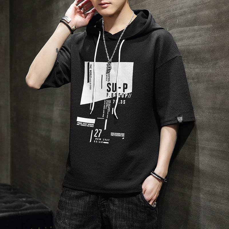 Hooded crew neck half-sleeved sweater