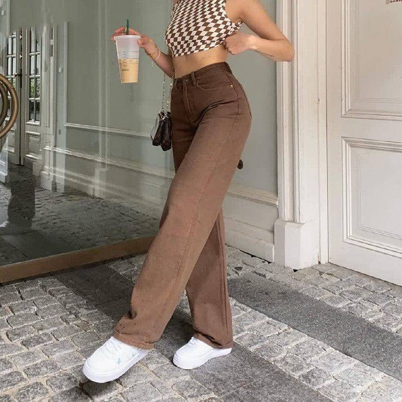 Brown Jeans Retro American Solid Colour